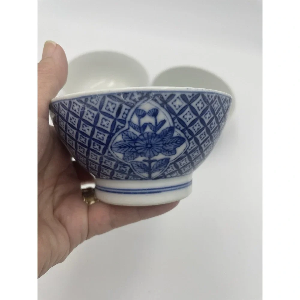 Set of 3 Antique Japanese‎ Chinese Asian Blue & White Rice Bowls